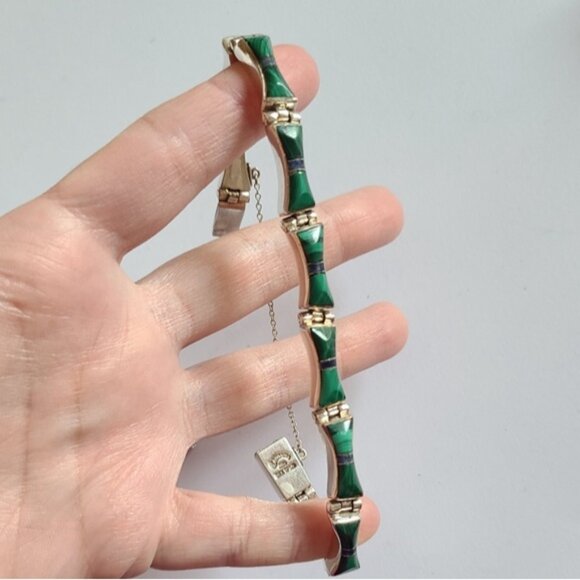 Vintage Taxco Sterling Silver Green Agate Quiet Luxury Tennis Prep Boho Bracelet - Picture 6 of 6